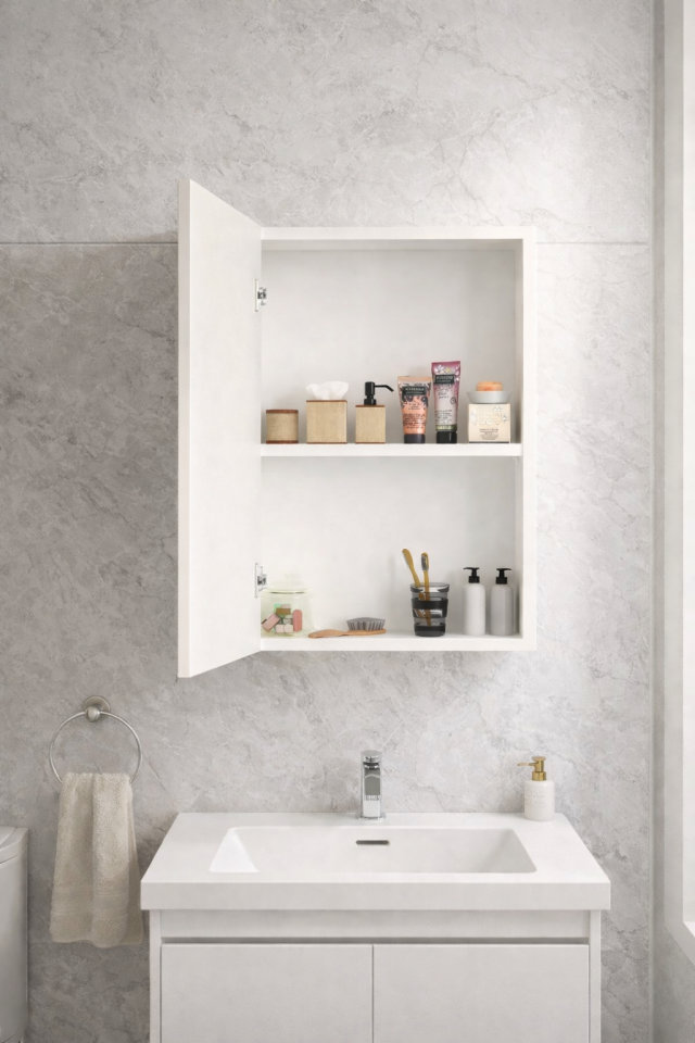Aynalı Tek Kapaklı, 2 Bölmeli Lavabo Banyo Dolabı